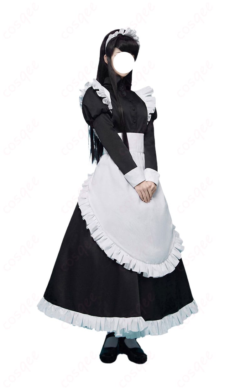 古見硝子 メイド服 コスプレ衣装 左側からの写真。エプロンや猫耳カチューシャが特徴。