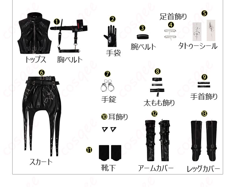 主人公プレイヤー コスプレ衣装のセット内容。すべてのパーツが揃っていることが確認できます。