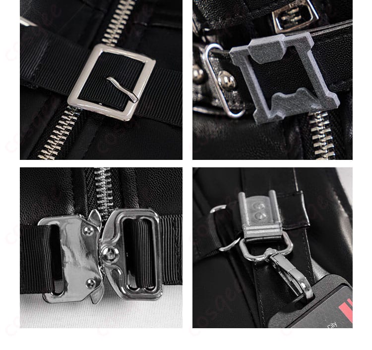 主人公プレイヤー コスプレ衣装の系紐と腰ベルト装飾の詳細。衣装全体のデザインが際立っています。