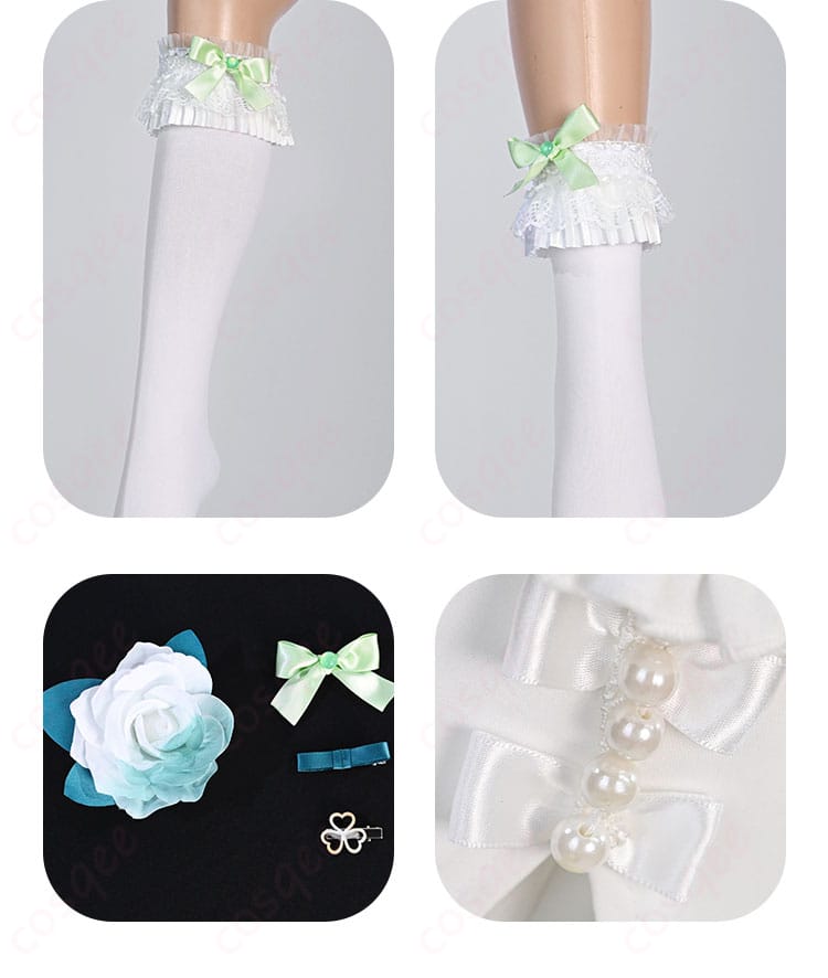 プロセカ 日野森雫 コスプレ衣装の足元装飾、ヘアアクセサリー、その他の小物の細部。全体のコーディネートがよく分かります。