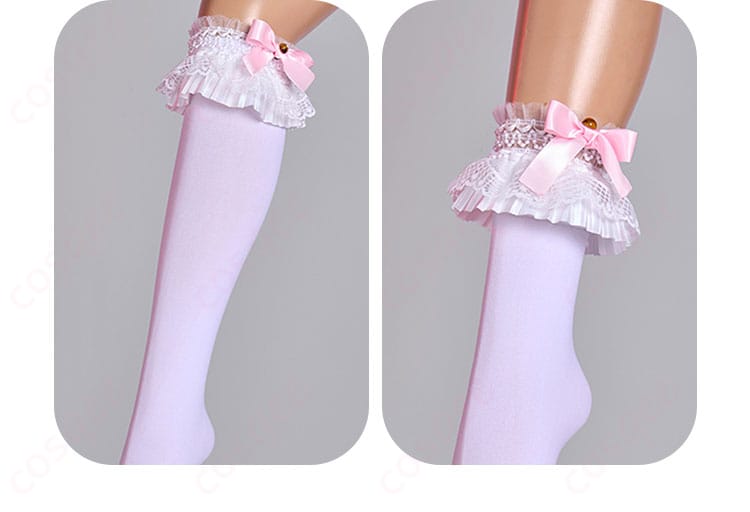 花里みのり コスプレ衣装の腿袜装飾のディテール。脚元まで完璧なコーディネートが完成。