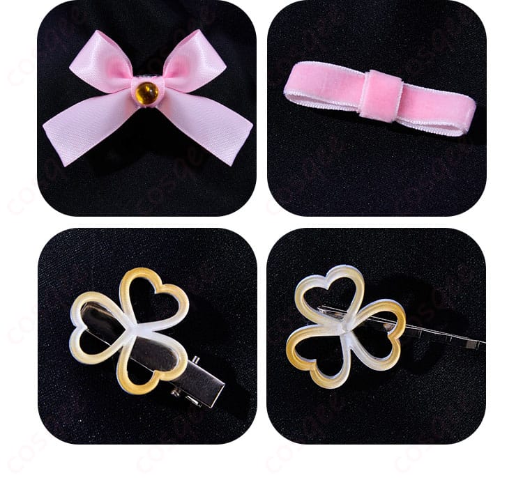 花里みのり コスプレ衣装の髪飾りとヘアクリップの詳細。可愛いアクセサリーでキャラクターの魅力を引き立てます。