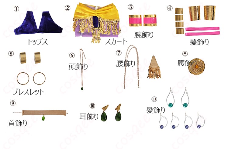 展示セット内容の図 - ほしな歌唄 ダンサー コスプレ衣装のセット内容を示す画像。全アイテムが展示されています。