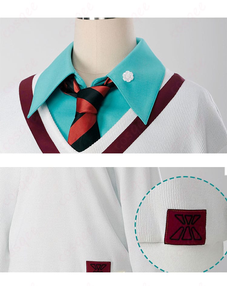 アマテ・ユズリハ（マチュ）の制服コスプレ衣装の襟と装飾の細部。デザインがよく分かります。