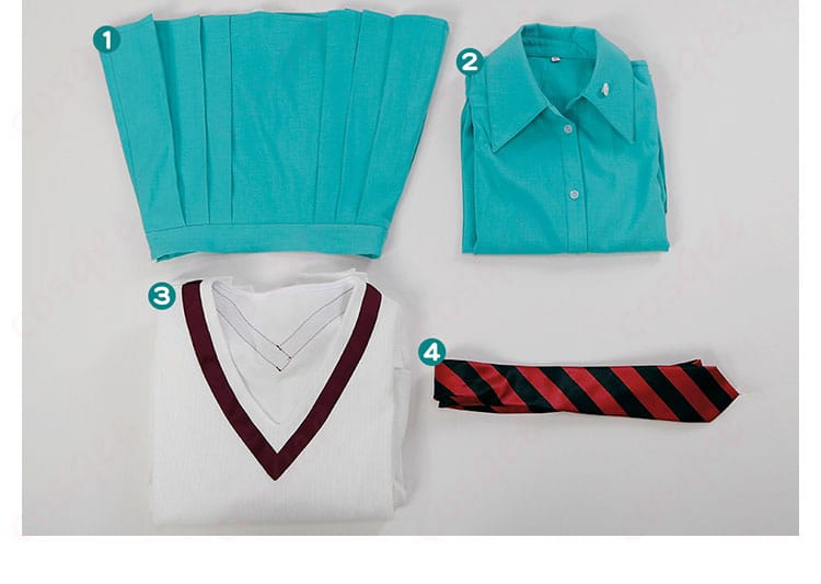 アマテ・ユズリハ（マチュ）の制服コスプレ衣装セット内容を展示。トップス、スカート、ネクタイなどが含まれます。