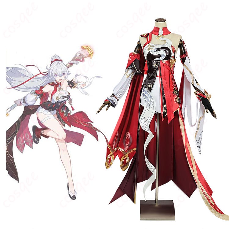 キアナ・カスラナのコスプレ衣装「ドン!烈火の願い星」とキャラクターのイメージを合わせた画像。コスプレ衣装の再現度が高い!