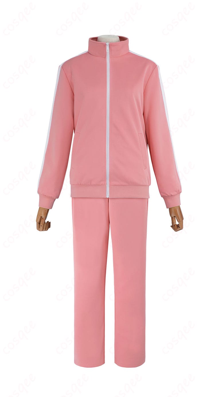 外套とズボンの装飾詳細。ジャージとズボンのコスプレ衣装、後藤ひとりのリアルな装飾ディテール。