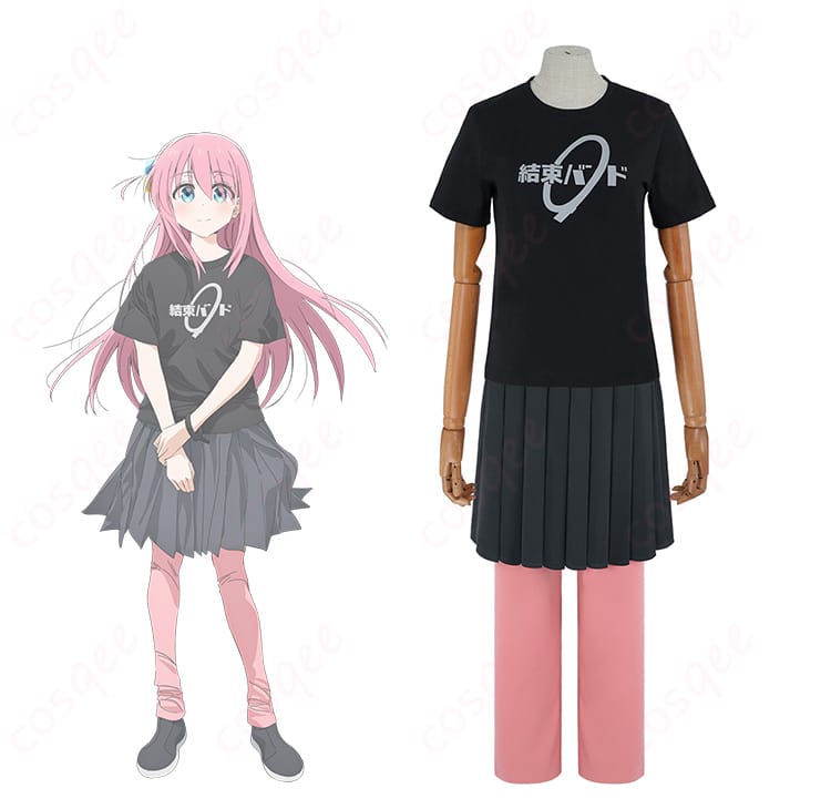 商品服装とキャラクターの組み合わせ画像。後藤ひとりのコスプレ衣装、ジャージ姿とライブTシャツ姿を忠実再現。