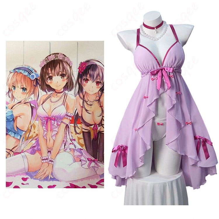商品服装とキャラクターの結びつきを示した画像。加藤恵のランジェリーver.コスプレ衣装を忠実に再現。