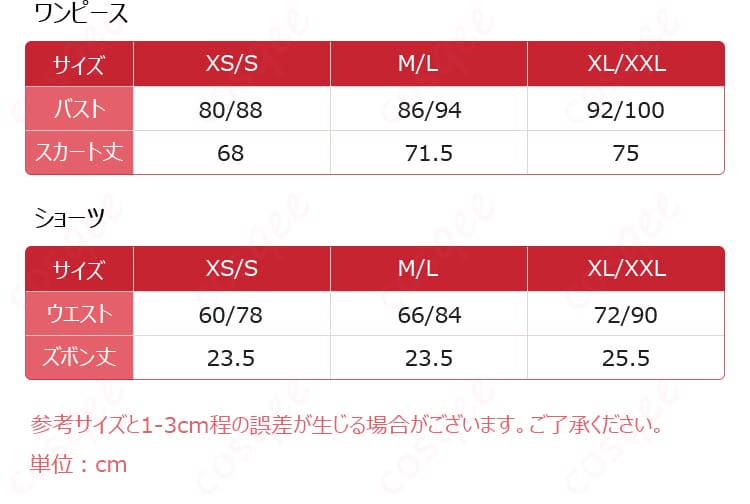 サイズ表とサイズ対応データの画像。加藤恵ランジェリーver.コスプレ衣装のサイズと対応データが分かりやすく示された画像。