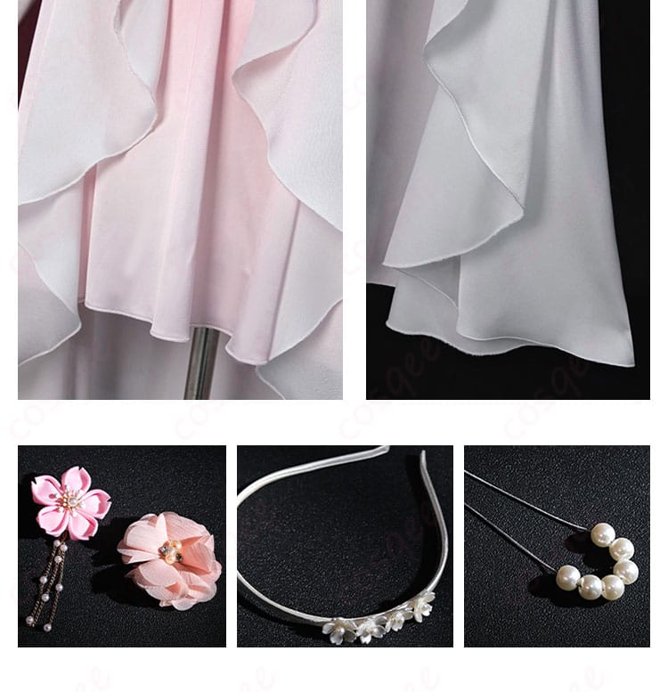 加藤恵 コスプレ衣装のスカートの装飾と髪飾りの詳細。細部まで美しいデザインが施されています。