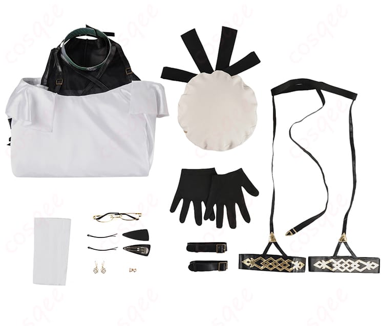 FGO メリュジーヌ コスプレ衣装のセット内容を示した画像。ワンピース、帽子、手袋、メガネなど、全てがセットに含まれています。