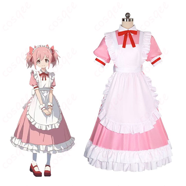 商品服装とキャラクターの結びつきを示した画像。鹿目まどかのメイド服コスプレ衣装の再現度が伝わります。