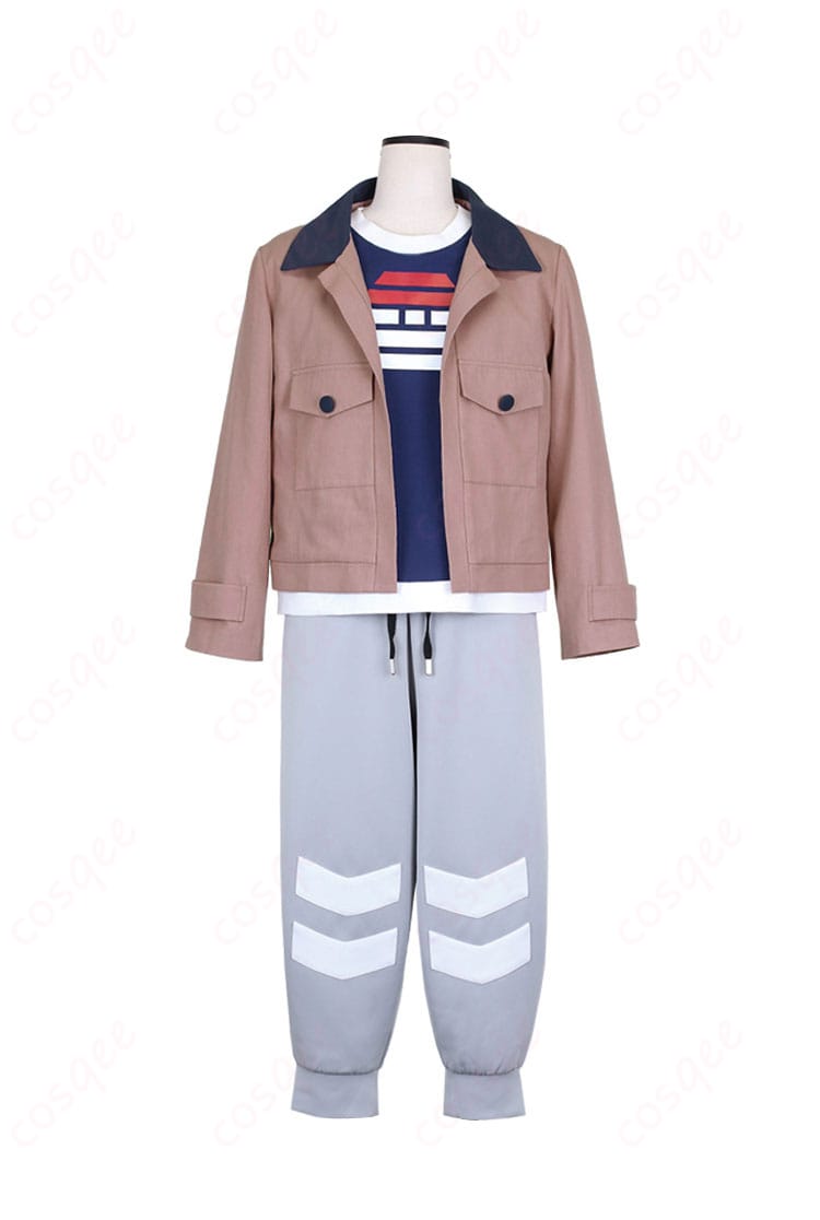 ポケモンレジェンズ ガイ コスプレ衣装の正面画像。コートとTシャツのデザインが際立つ。