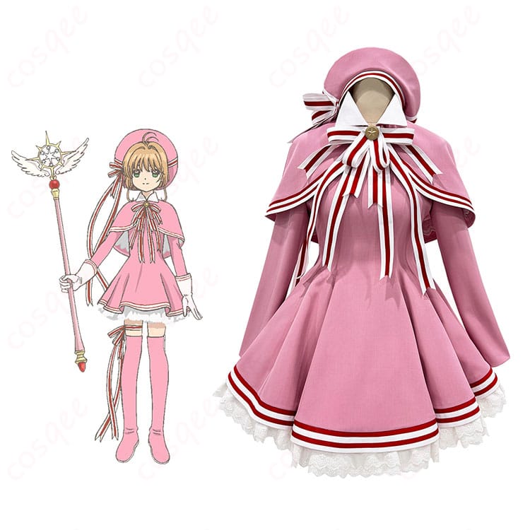 商品服装とキャラクターの結びつきを示した画像。木之本桜のコスプレ衣装を忠実に再現。