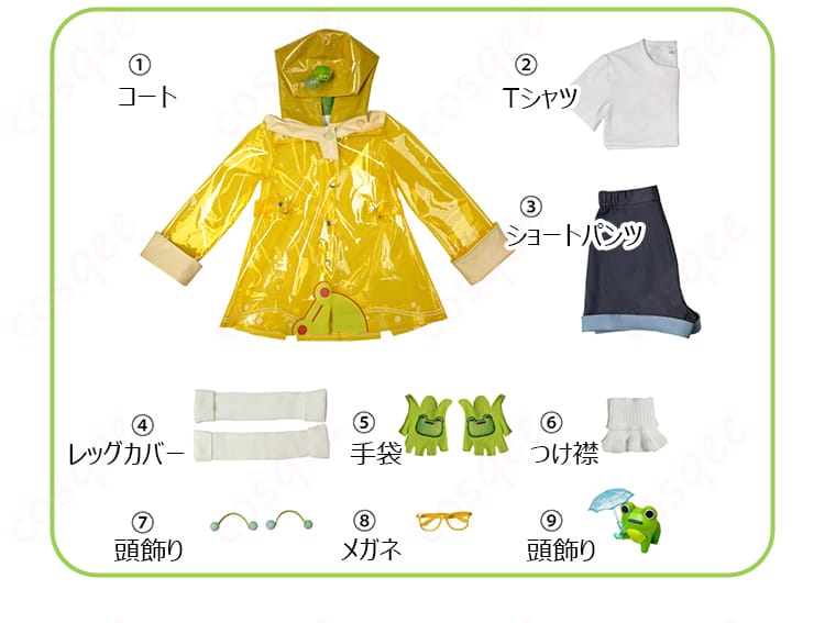 展示サイズと寸法対応データ図。メイ コスプレ衣装のサイズと対応データを示す図。