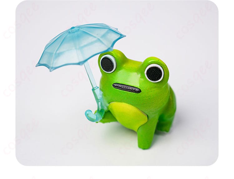 青蛙装飾細部。可愛らしい青蛙装飾のディテール、メイのレイニー・デイ衣装の特徴を強調。