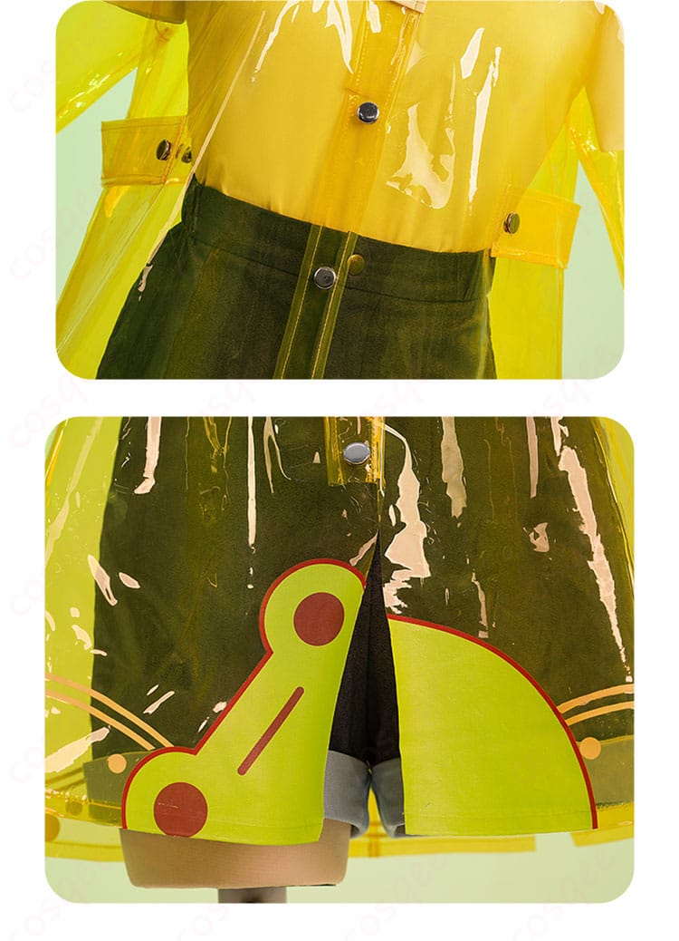 服装雨衣装飾細部。レイニー・デイのテーマに合わせた雨衣装飾の詳細画像。