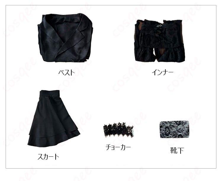 セット内容展示画像。グロッタ・ストマックコスプレ衣装のセット内容を紹介する画像。