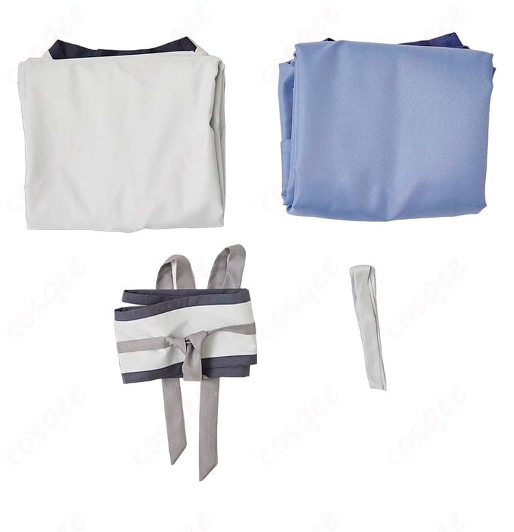 展示セット内容の画像。壬氏コスプレ衣装のセット内容(コート、和服、帯、髪飾り)を紹介する画像。