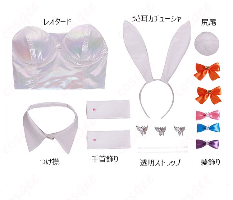 バニーVer.コスプレ衣装のセット内容を展示。レオタード、つけ襟、うさ耳カチューシャなど、完全なセットが一目でわかる。