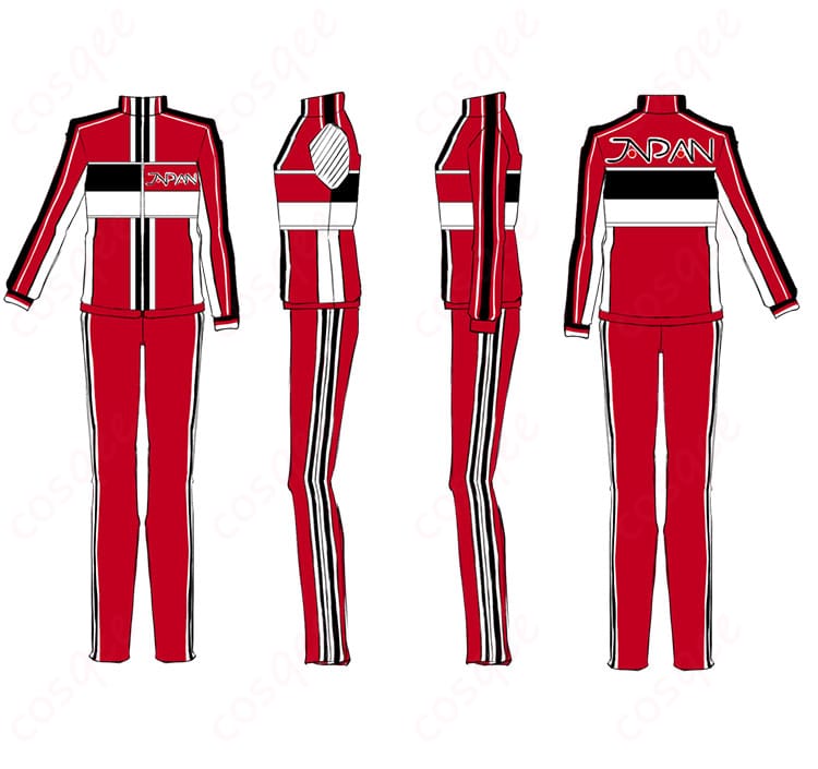 新テニスの王子様ジャージコスプレ衣装の正面、側面、背面の詳細。各面のディテールが忠実に再現されています。