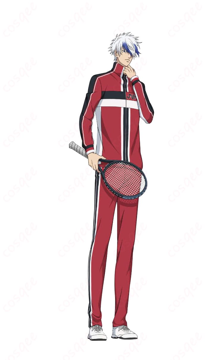 新テニスの王子様のジャージコスプレ衣装を着たキャラクターのイラスト。忠実再現されたデザインで、イベントやコスプレに最適です。