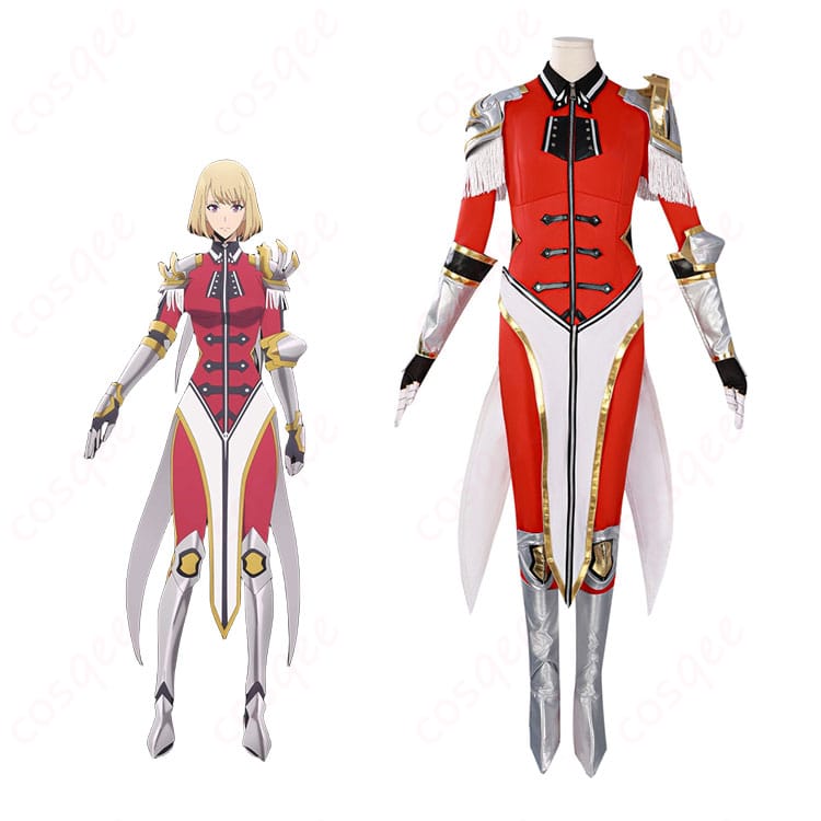 商品服装とキャラクターの結びつきを示す画像。『俺レベ』向坂雫の赤色アーマーコスプレ衣装。