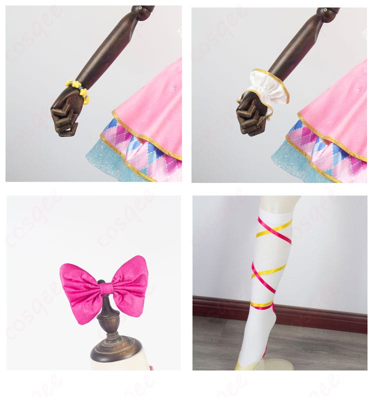 腕飾り、蝶結び、脚飾りのディテール。虹野ゆめピンクスターコーデコスプレ衣装の装飾部分(腕飾り、蝶結び、脚飾り)を拡大した画像。