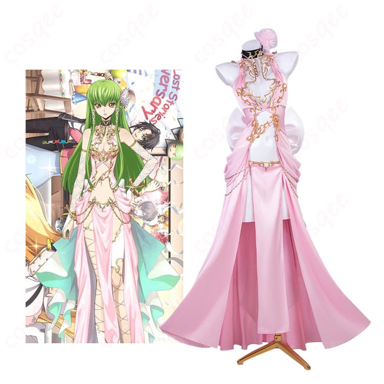 コードギアス 反逆のルルーシュ ロストストーリーズ C.C. コスプレ衣装のキャラクターとのシーンイメージ。高再現度のピンクドレスが特徴。