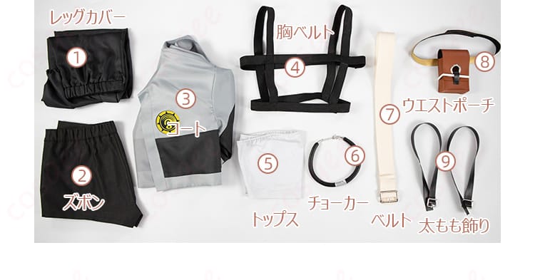 セット内容の展示画像。リヨウのコスプレ衣装の全セットが一目で分かる画像。