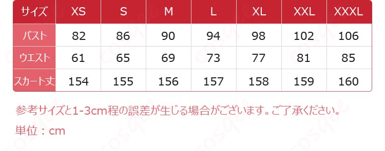 サイズと寸法の対応データを示した画像。コスプレ衣装のサイズ対応表が確認できる画像。