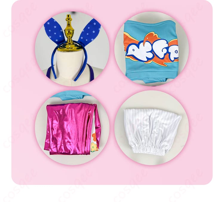 小鳥遊キアラのコスプレ衣装セットの内容。ジャンプスーツ、レッグカバー、カチューシャが含まれています。