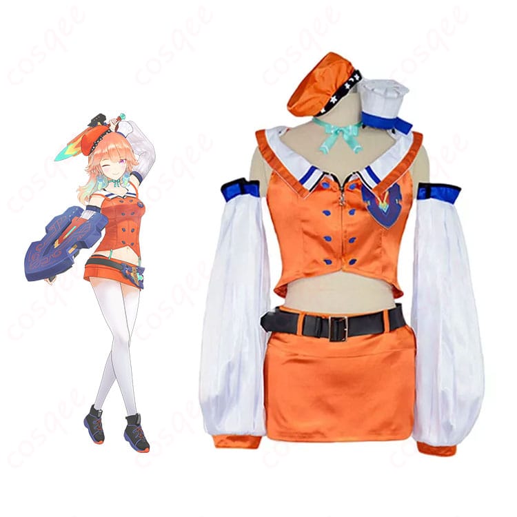 ホロライブ 小鳥遊キアラ コスプレ衣装 初期衣装。キャラクターとコスプレ衣装の全身ショット。