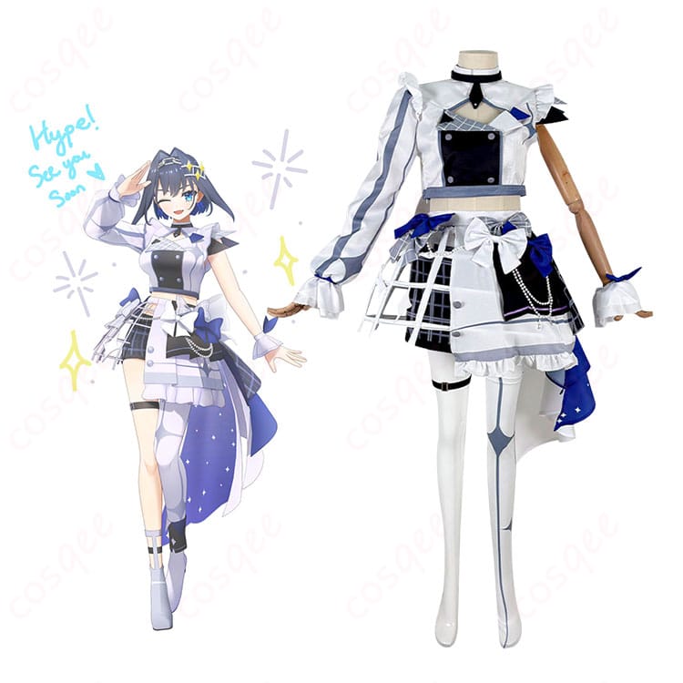 オーロ・クロニーのブライト衣装コスプレ衣装とキャラクターのコラボ画像。ホロライブのオーロ・クロニーの魅力的な姿が忠実に再現されています。