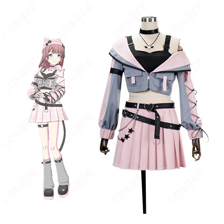 商品正面とキャラクターのコスプレ衣装を着た画像。プロジェクトセカイの暁山瑞希、桃井愛莉、桐谷遥、花里みのりの悪魔バージョンのコスプレ衣装です。