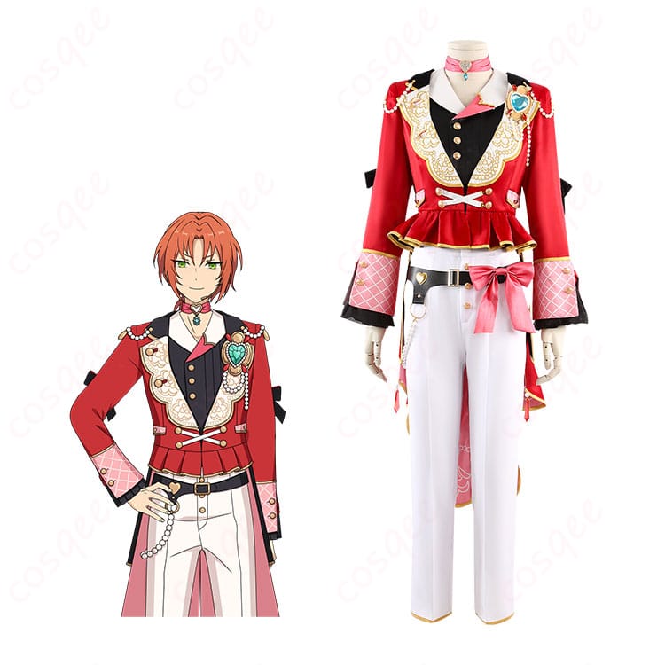 商品正面とキャラクター画像:あんさんぶるスターズ!!朱桜司のコスプレ衣装。キャラクターとのコラボレーションで、ラブコレクター衣装を忠実に再現。