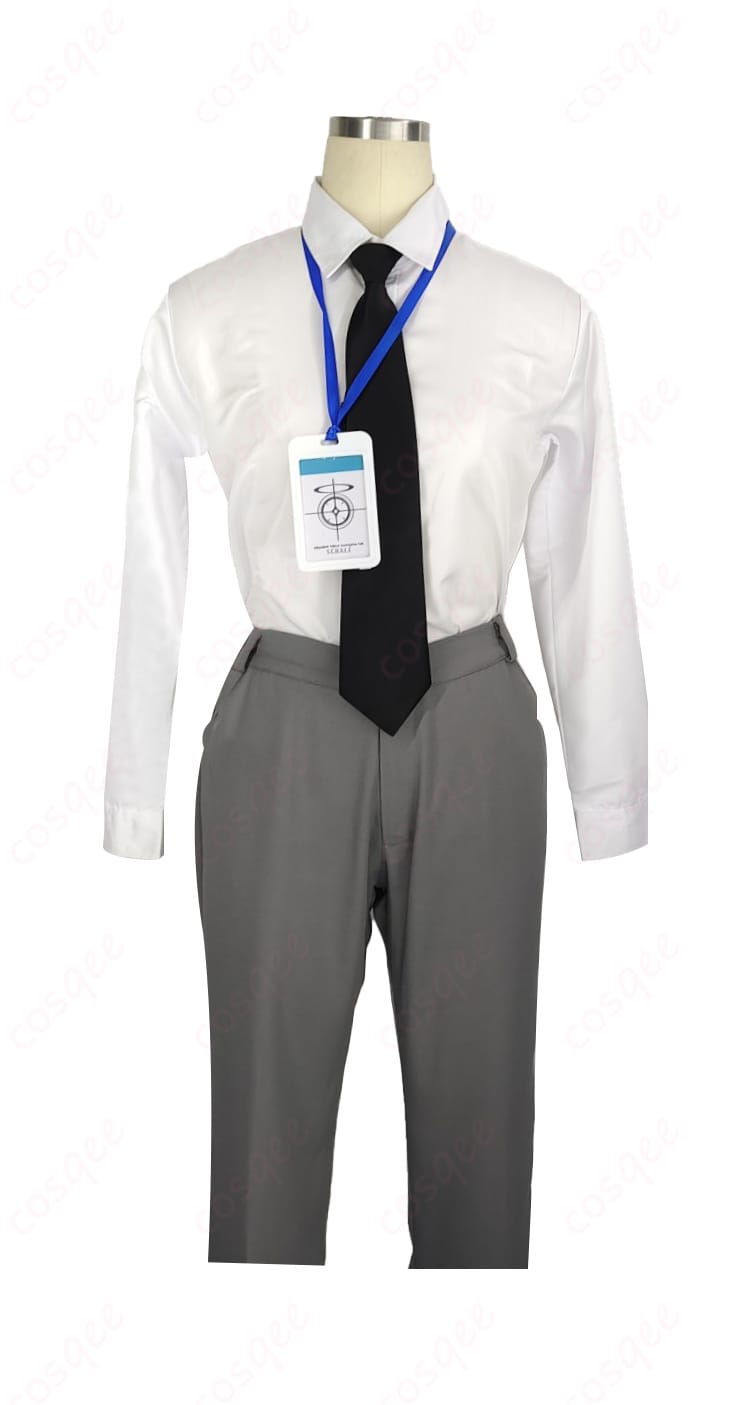 ブルーアーカイブ シャーレ 先生 コスプレ衣装 衣装の衿、ネクタイ、名札の詳細装飾。精巧な作りで魅力的。