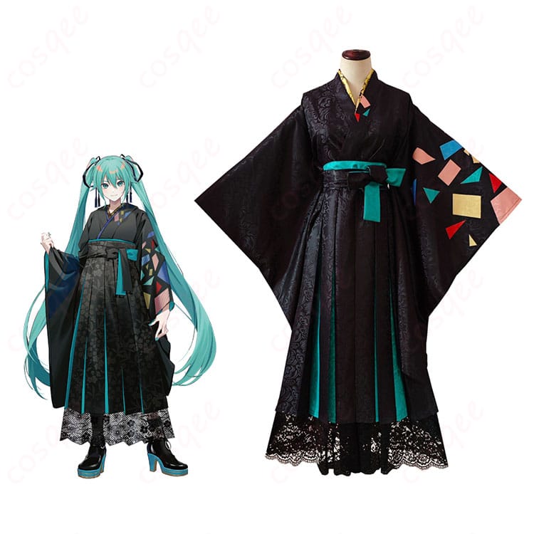初音ミクのコスプレ衣装の正面とキャラクター初音ミクのコスプレシーン。美しいデザインと忠実再現。今すぐチェック!