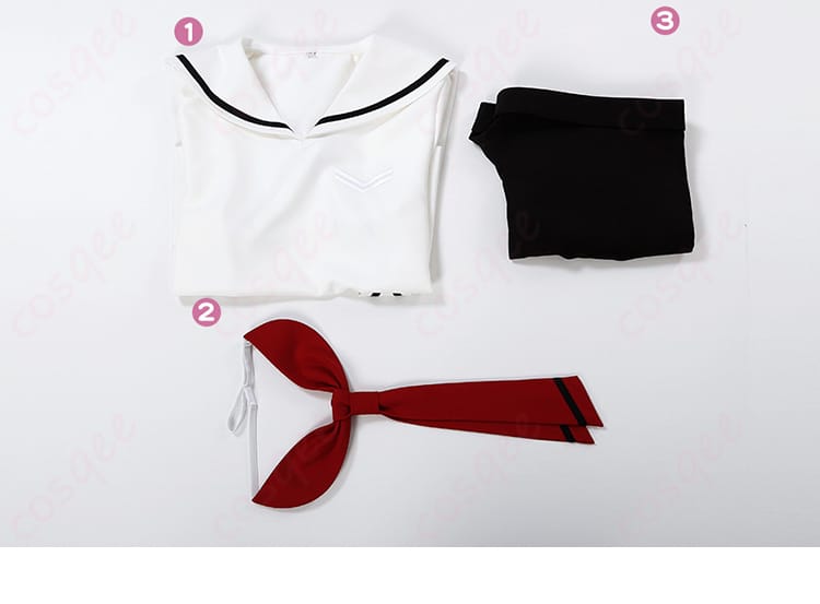 李小狼 コスプレ衣装(夏服・制服)のセット内容。トップス、ショートパンツ、ネクタイがセットで付属。