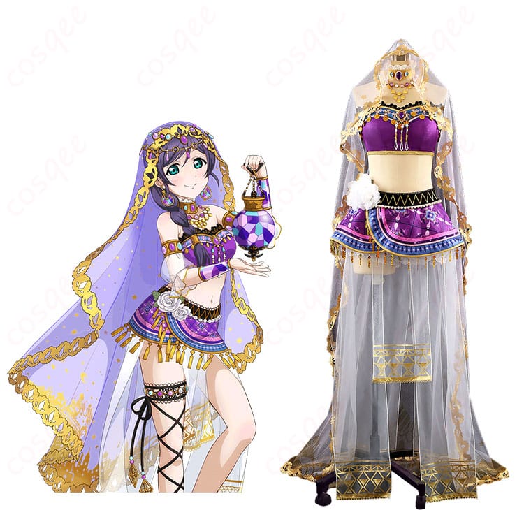 商品正面とキャラクター東條希のコスプレ衣装を着た画像 - ラブライブ! コスプレ衣装の特徴が分かる。