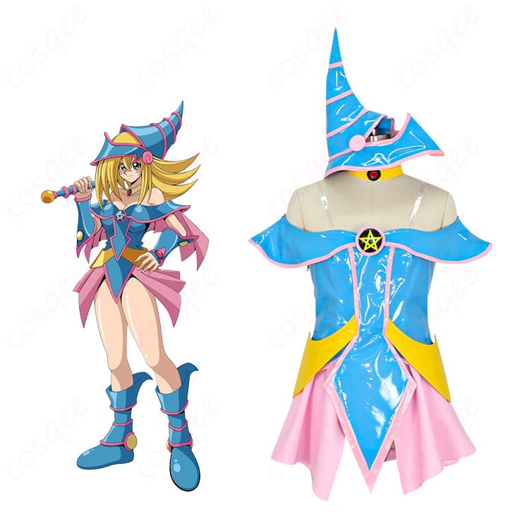 商品正面とブラック・マジシャン・ガールのキャラクターを組み合わせたコスプレ衣装の画像。忠実再現されたデザインが魅力的です。