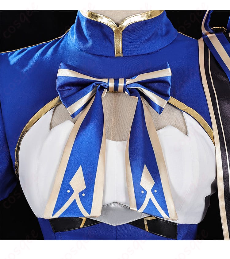 セイバー 壊滅・風 コスプレ衣装 蝶結びの装飾詳細 | 胸元の蝶結びが特徴的なデザイン、細部までこだわりを感じる。