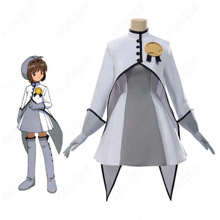 商品正面と木之本桜のキャラクターが一緒に写っている画像。カードキャプターさくら コスプレ衣装の全体像をご覧ください。