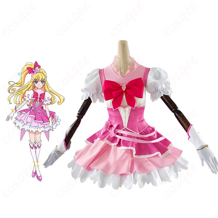 商品正面とキャラクター「キュアミラクル」の融合画像 - 魔法つかいプリキュア!!のコスプレ衣装、朝日奈みらいのピンクダイヤスタイルを忠実に再現。