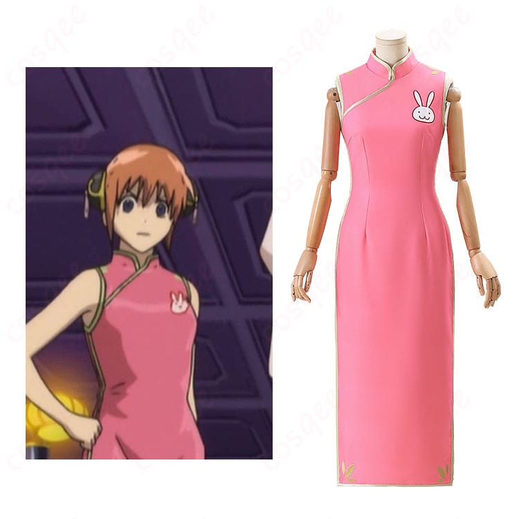 銀魂 神楽 コスプレ衣装 ウサギ柄チャイナドレス 刺繍入り ウエストシェイプデザイン-1