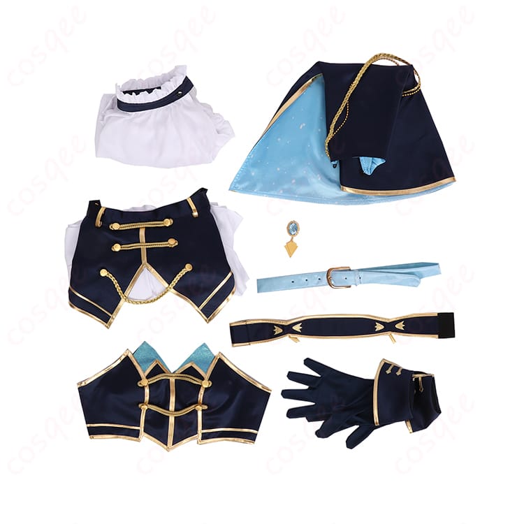 アルス・アルマル OVERTURE衣装のセット内容。ショール・トップス・スカート・手袋・肩飾り・太もも飾り・襟飾りの7点を並べた展示。