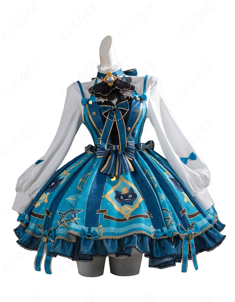 原神 リネット カフェ in ソウル コスプレ衣装の正面全体図。上品な店員風ワンピースと胸元リボンのディテールを明瞭に再現。