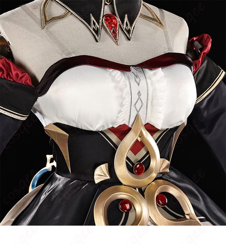 原神 サンドローネ（傀儡）衣装の衣襟装飾アップ。繊細な縫製と光沢素材のコントラストが際立つ質感表現。