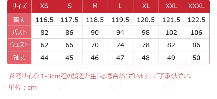 原神 サンドローネ（傀儡）衣装のサイズ表。S～XXLの展開でフィット調整しやすい設計を説明。